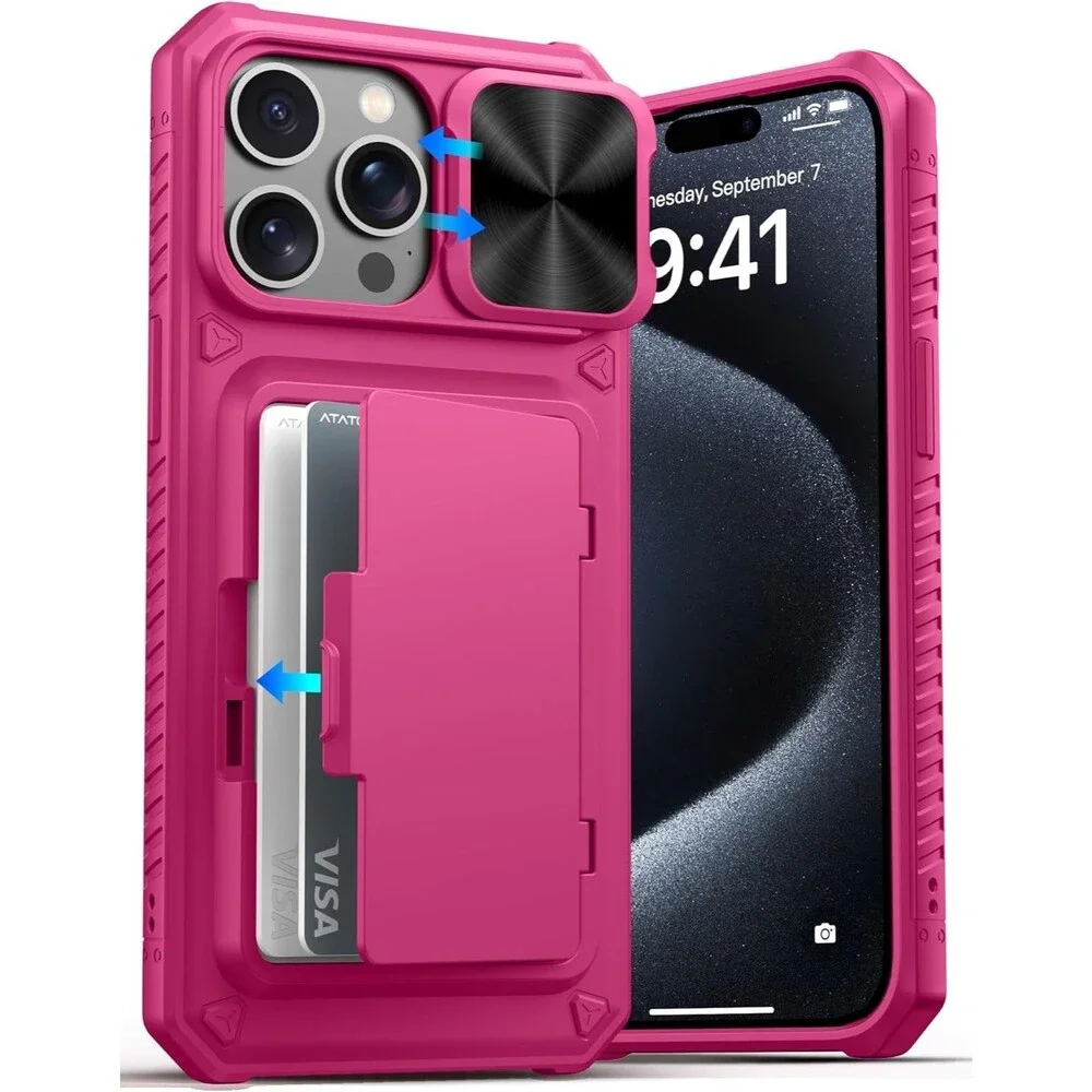 iPhone 15 Pro Max Wallet Case - Sliding Camera Cover - Military Grade - Hot Pink